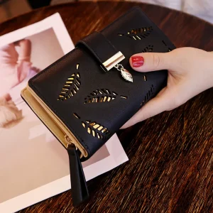 Dames mode portefeuille en cuir PU téléphone sac à main femme feuilles creuses pochette sac à main pour femmes porte-cartes de monnaie longs portefeuilles