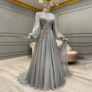 Robe de soirée musulmane à manches longues pour femmes, tenue de soirée de Concert en mousseline de soie, Photo réelle, arabie saoudite, 2022