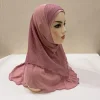 h076 haute qualité grandes filles adulte taille moyenne musulman amira hijab avec lurex net couche tirer sur islam écharpe tête enveloppement châle bonnet