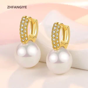 Boucles d&rsquo;oreilles en perles pour femmes, bijoux en argent 925 avec pierres précieuses en Zircon, couleur or, accessoires cadeaux pour fête de mariage