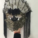 Masque complet noir mystérieux de Venise, masque de voile de fan de spectacle sur scène