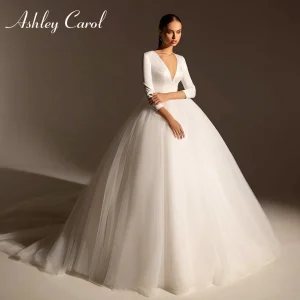 Ashley Carol nouveauté col en v mariée à manches longues princesse robe de mariée