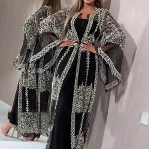 Robe musulmane de luxe avec broderie en dentelle et paillettes, abaya, dubaï, ramadan, caftan, Isla, vêtements africains, ensemble de 2 pièces, 2025