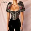 Chemisier noir à fleurs brodées pour femmes, manches bouffantes, chemisiers de fête élégants, médicaments, bustier sexy, corset, haut court