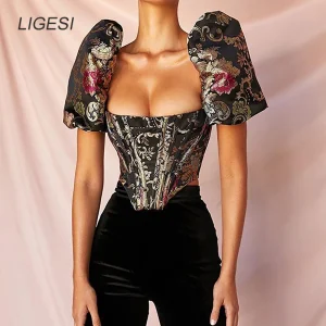 Chemisier noir à fleurs brodées pour femmes, manches bouffantes, chemisiers de fête élégants, médicaments, bustier sexy, corset, haut court
