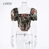 chemisier noir à fleurs brodées pour femmes, manches bouffantes, chemisiers de fête élégants, médicaments, bustier sexy, corset, haut court
