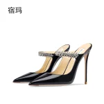 Sandales à talons pour femmes été 2025 luxe en cuir véritable talons hauts pantoufles cristal décoration sangle élégante dames chaussures Wome
