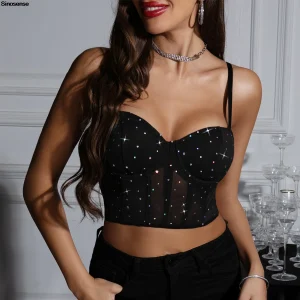 Haut court en maille pour femmes, couture, décor à paillettes, Corset plus mince, Bustier, Streetwear d&rsquo;été, sortie Y2K, vêtements de boîte de nuit, hauts de fête