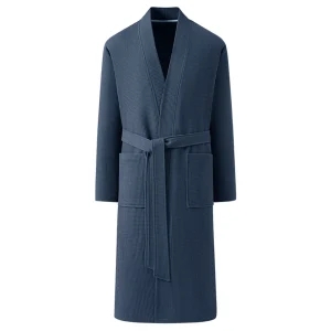 Peignoir pour hommes Premium – Tissage gaufré 100 % coton en bleu saphir avec col en V et ceinture à nouer Robe kimono gaufrée de luxe – Respirant