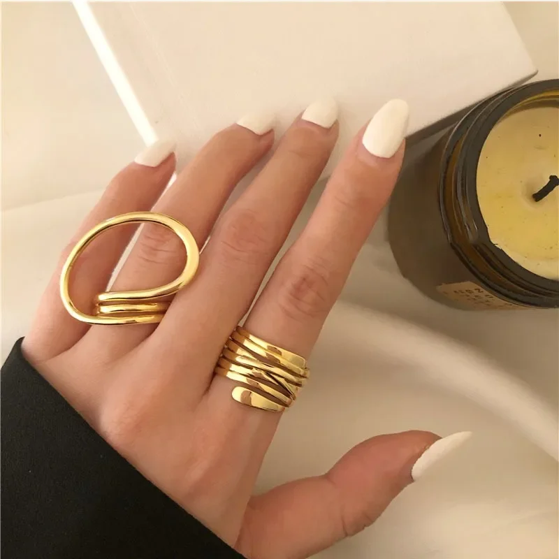 Ensemble de bagues massives pour femmes, couleur or, lignes uniques, grands anneaux, bijoux de doigt, bague géométrique Vintage déformée, cadeau d'anniversaire