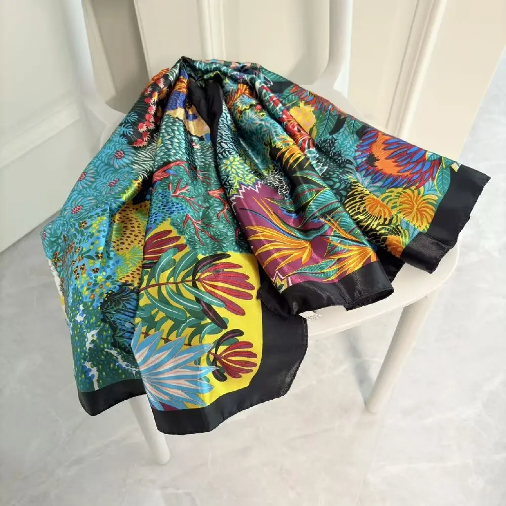 marque de luxe carré foulard en soie femmes satin imprimé hijab foulards musulman paréo bandana femme châle enveloppement bandeau foulard