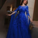 Robe de soirée arabe bleue personnalisée, manches Cape perlées, luxe, dubaï, robes formelles pour femmes, fête de mariage, 2021, LA70454