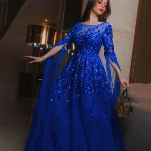 Robe de soirée arabe bleue personnalisée, manches Cape perlées, luxe, dubaï, robes formelles pour femmes, fête de mariage, 2021, LA70454