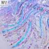 Tissu en dentelle florale brodée à paillettes pour robe, style ethnique, multicolore, document illusoire, barre verticale, bricolage, grille de couture
