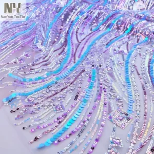 Tissu en dentelle florale brodée à paillettes pour robe, style ethnique, multicolore, document illusoire, barre verticale, bricolage, grille de couture