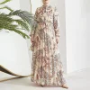 abayas musulmanes pour femmes, en mousseline de soie, avec imprimé de fleurs plissées, col haut, robes longues de soirée dansante, robe élégante, nouvelle collection