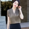 chemise en satin à col en v pour femmes, chemisiers slim à manches courtes, design de tempérament, nouvelle mode, bureau, hauts de travail formels pour dames, 2022