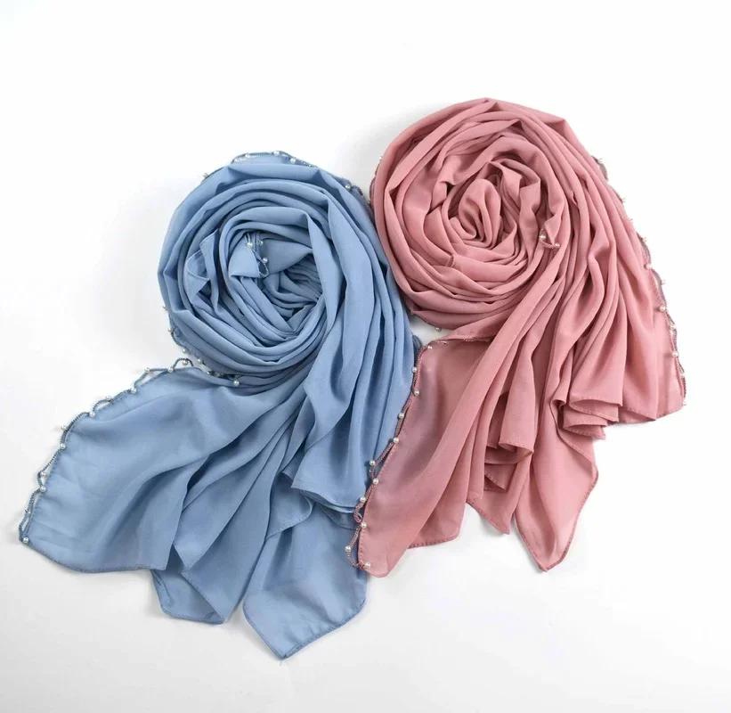 women hijabs muslim new casual solid color chiffon wave edge beaded long scarf muslim hui scarf america hot selling headscarf