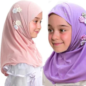 Foulard Hijab Instantané pour Bol, Bonnet Musulman, Fait à la Main, Fleur, PoinTête en Strass, Turban Rond pour Enfants de 2 à 6 Ans