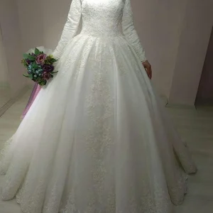 Robes de mariée longues A-Line pour femmes, dentelle arabe musulmane, appliques de patients, quel que soit l&rsquo;élégant col haut, tulle, 2025