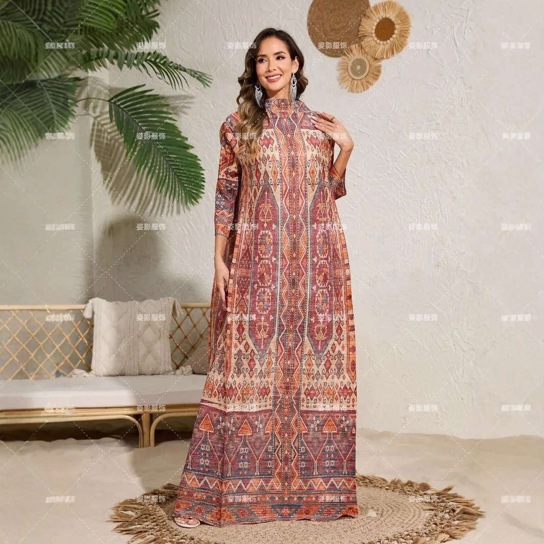 miyake mode style ethnique impression femmes robe plissée élastique ample à manches longues col montant abaya arabie saoudite robes