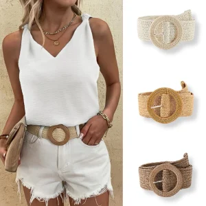 Ceinture tressée en paille pour femmes, nouvelle collection d&rsquo;été tissée en paille PP, Style plage, large ceinture élastique, robe Boho, ceinture décorative pour vacances