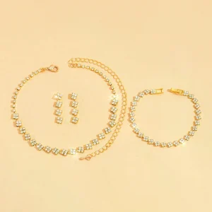 Ensemble de bijoux en strass plaqué argent brillant, collier, boucles d&rsquo;oreilles, Bracelet, Collection d&rsquo;accessoires en trois pièces