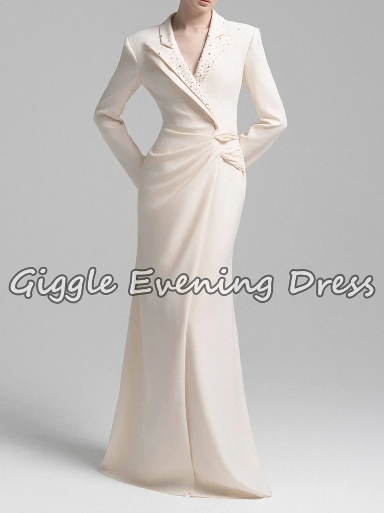 robe de soirée élégante en crêpe à manches longues pour femmes, drapée à revers perlé, robe maxi formelle, dubaï abaya, robe d'invitées de mariage personnalisée