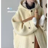 manteau mi long rétro à capuche pour femmes, tissu en laine à boucle très épais et ample, couches et portées, automne et hiver