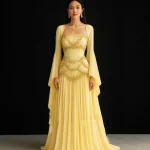 Robe de soirée élégante en mousseline de soie, jaune et blanc, avec manches Cape, col carré perlé de dubaï, dos nu, robes de bal formelles personnalisées