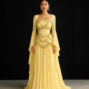 Robe de soirée élégante en mousseline de soie, jaune et blanc, avec manches Cape, col carré perlé de dubaï, dos nu, robes de bal formelles personnalisées