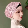 casquettes turban musulmanes en dentelle avec perles pour femmes, couvre sauna, bonnets d'été, turban islamique à tête ronde, chapeau d'église, hijab brodé de fleurs