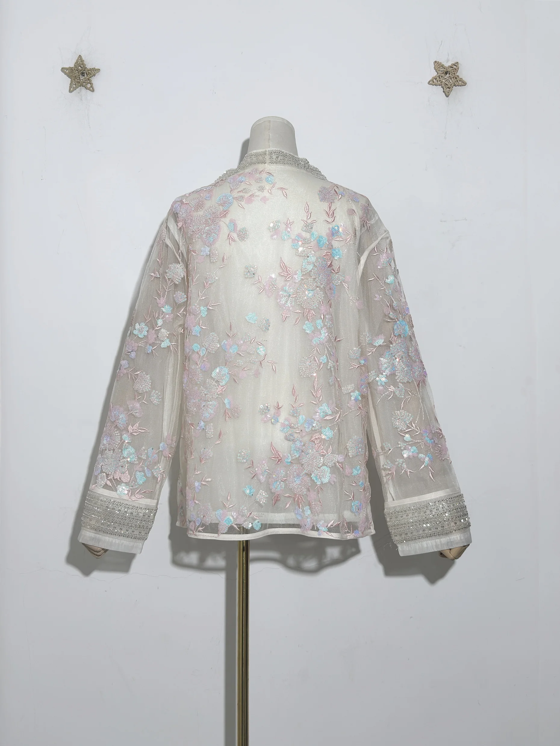 Amzing nouveau doux belle femmes brodé Floral paillettes 2 coupe perlée col en v Vintage haut Kimono veste Blouse Cardigan Streetwear