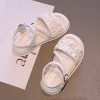 sandales plissées simples pour enfants, sandales d'été beige argent pour filles, sandales décontractées d'école, polyvalentes, mode gladiateur, sandales de plage pour enfants