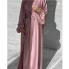 Robe Hijab musulmane Eid Satin Abayas 3 pièces ensembles assortis femmes ouvert turquie Robe arabe caftan Kimono Femme Jalabiya robes Robe