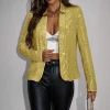 Blazer court à paillettes brillantes pour femmes, manteau à col montant, blazer à paillettes pour dames, document doré, mode automne