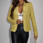 Blazer court à paillettes brillantes pour femmes, manteau à col montant, blazer à paillettes pour dames, document doré, mode automne