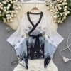 Peignoir japonais imprimé Kimono légèrement Transparent pour femmes, vêtements de nuit Sexy, manches amples, pyjama décontracté, ensembles de robes