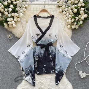 Peignoir japonais imprimé Kimono légèrement Transparent pour femmes, vêtements de nuit Sexy, manches amples, pyjama décontracté, ensembles de robes