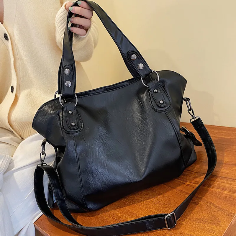 Grands sacs à bandoulière noirs pour femmes, grand sac de shopping Hobo, couleur unie, sac à main en cuir souple de qualité, fourre-tout de voyage pour dames Grands sacs à bandoulière noirs pour femmes, grand sac de shopping Hobo, couleur unie, sac à main en cuir souple de qualité, fourre-tout de voyage pour dames
