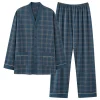 ensemble pyjama de style kimono japonais pour hommes – tissu en coton à carreaux bleus avec boutons sur le devant, poches et ceinture élastique l 4xl