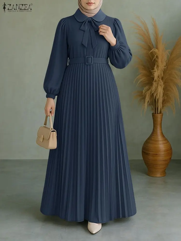 robe musulmane élégante abaya zanzea femmes 2025 robes d'automne longue lanterne manches plissée robe d'été ceinturée robe femme robe de soirée