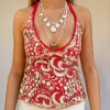 chemise perlée à paillettes pour femmes, style boho, plage, vacances, haut court, paillettes scintillantes, dos nu, cravate, col licou, y2k, coquette féerique
