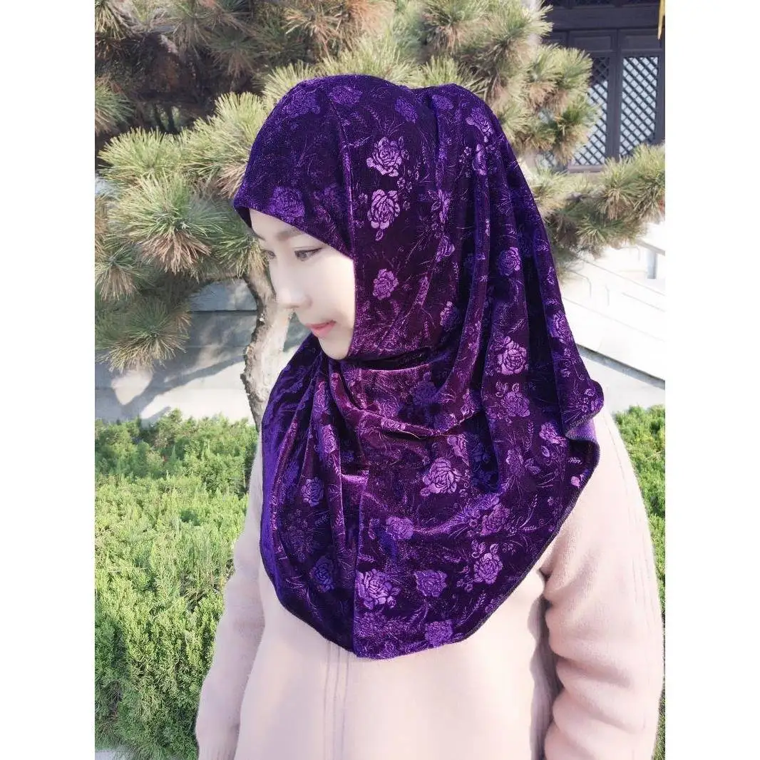 femmes doux velours une pièce hijab longue turban musulman islamique pleine tête impression hijab écharpe