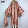 kuwait winyi manteau musulman imprimé boho pour femme, kimono long ouvert devant, kaftan, tunique de plage, robes rondes, 2023