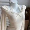 t shirt à manches longues et col licou pour femme, haut court et slim irrégulier, chemise de base, automne et hiver