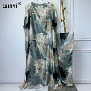 WINYI-Robe musulmane abaya à manches longues et col ras du cou pour femme, kaftan à imprimé abstrait, robe maxi élégante, vêtements pour femmes