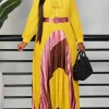femmes élégantes à manches longues patchwork maxi robe plissée avec ceinture nœud manches bouffantes vêtements africains dubaï caftan abaya tenue de fête