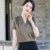 chemise en satin à col en v pour femmes, chemisiers slim à manches courtes, design de tempérament, nouvelle mode, bureau, hauts de travail formels pour dames, 2022