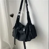 sac à bandoulière noir avec poches pour femme, fourre tout en toile de grande capacité, style rétro, bf japonais, unisexe